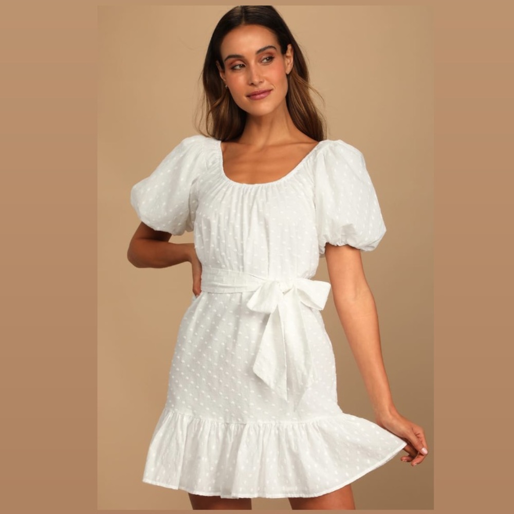 Lulus White Dotted Puff Sleeve Mini Dress, Small
